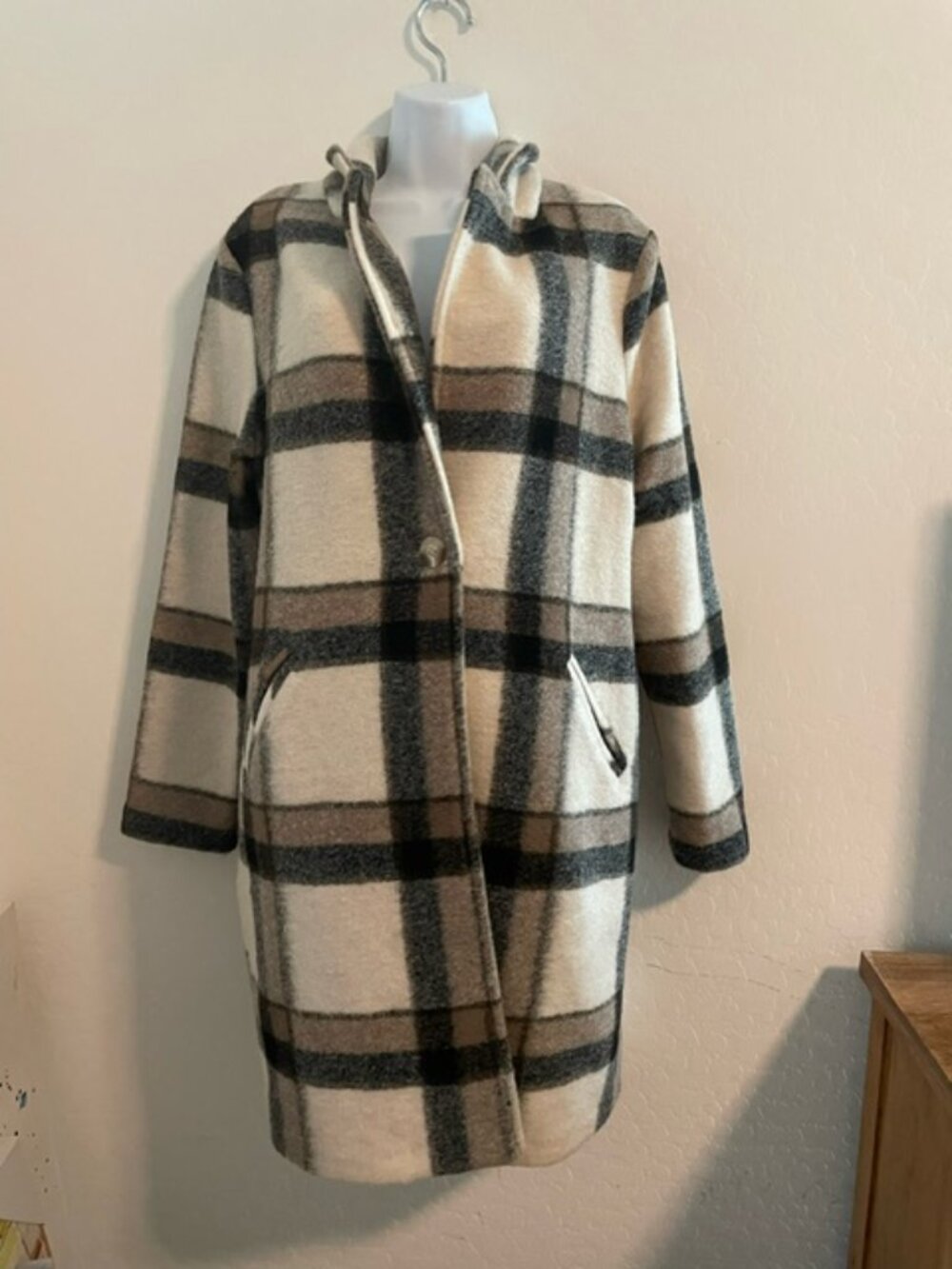 Joie Women Plaid Wool Blend Overcoat M Mid-Length Button Front Pockets Long NWT - Picture 1 of 6
